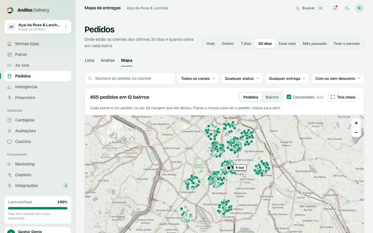Mapa de entregas: cada pedido é um ponto na cor da margem que deixou